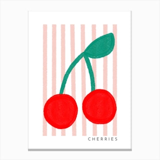 Cherries Pink Stripe Green & Red Canvas Print