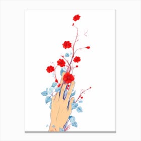 impure hand, Flowers In The Hand, vector art, digital art, flower portrait, hand and flowers, red flowers, flowers and vines Canvas Print