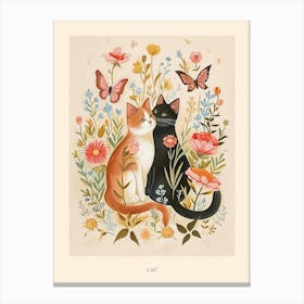 Folksy Floral Animal Drawing Cat 7 Poster Canvas Print