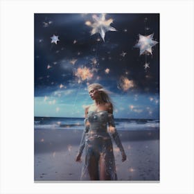 Woman on the beach surrounded by cosmic stardust 2 Canvas Print
