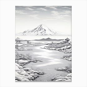 Shiretoko Peninsula In Hokkaido, Ukiyo E Black And White Line Art Drawing 1 Canvas Print
