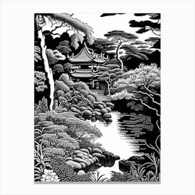 Japanese Friendship Garden, Usa Linocut Black And White Vintage Canvas Print