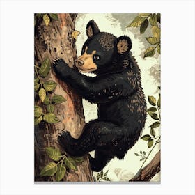 American Black Bear Cub Climbing A Tree Storybook Illustration 4 Canvas Print