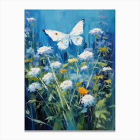 White Butterfly On Blue Flowers Canvas Print