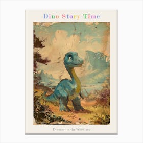 Dinosaur In The Woodland Meadow Storybook Style Painting 2 Poster Canvas Print
