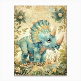 Cute Pattern Triceratops In The Meadow Watercolour Painting 1 Canvas Print