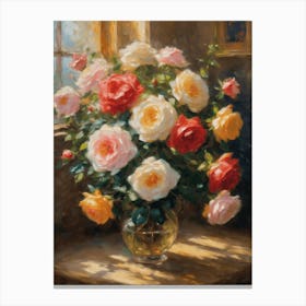 English Roses in Bloom | Antique Oil Painting | Vase of Flowers in Pink and Cream Canvas Print