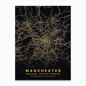 Manchester England Black And Gold Map Canvas Print