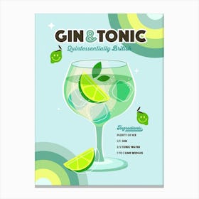 Gin and Tonic cocktail - Retro rainbow blue and lime green Canvas Print
