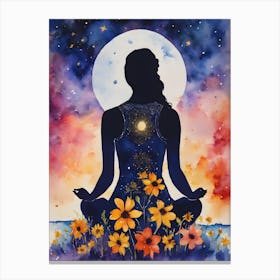 Meditative Woman In Yoga Pose - Full Moon Contemplating Serenity Calm Yogi Meditating Spiritual Grounding Heart Open Buddhist Indian Travel Guidance Wisdom Peace Love Witchy Beautiful Watercolor Woman Trees Blue Silhouette Canvas Print