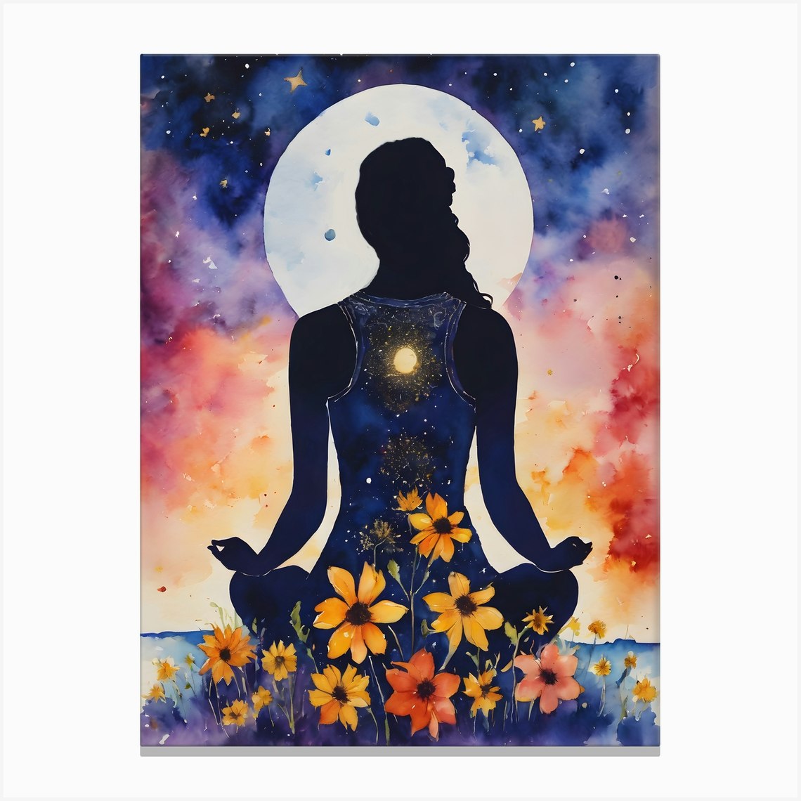 Meditative Woman In Yoga Pose - Full Moon Contemplating Serenity