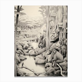 Jigokudani Monkey Park In Nagano, Ukiyo E Black And White Line Art Drawing 1 Canvas Print