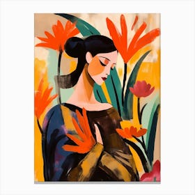 Woman With Autumnal Flowers Bird Of Paradise 2 Canvas Print