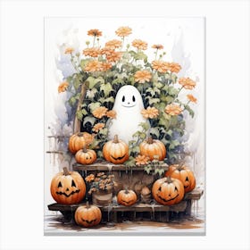 Cute Bedsheet Ghost, Botanical Halloween Watercolour 157 Canvas Print