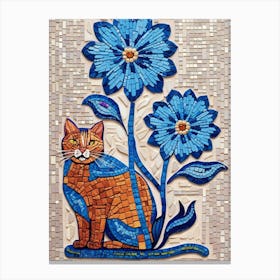 Mosaic Cat With Blue Flowers 1 Canvas Print