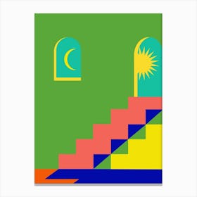 Geometric Colorful Stairs To Sun And Moon Canvas Print