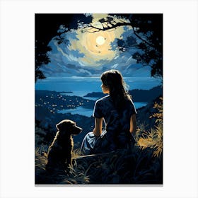 A Woman, Her Dog And A Moonlit Bay Canvas Print