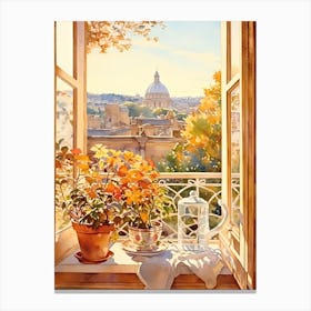 Window View Of Rome Italy In Autumn Fall, Watercolour 4 Canvas Print