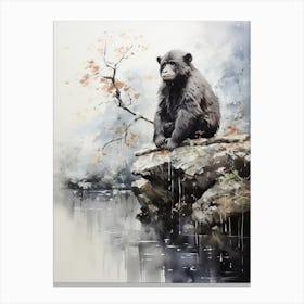 Jigokudani Monkey Park In Nagano, Japanese Brush Painting, Ukiyo E, Minimal 4 Canvas Print