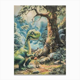 Dinosaur & Child Vintage Storybook Painting Canvas Print