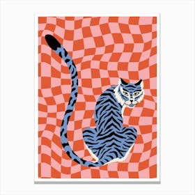 Tiger On Red Checkered Pattern Canvas Print