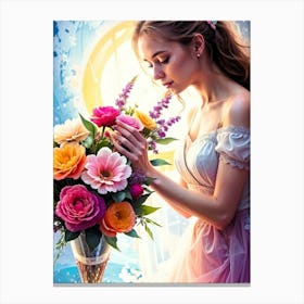 beautiful girl admiring a bouquet Canvas Print