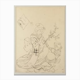 Framed Female Figure Crouching On Ground, Pruning A Blossoming Branch In Preparation For Display In Dragon Vase; Canvas Print