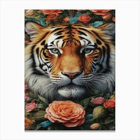 Tiger With Roses Canvas Print