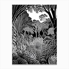 Adelaide Botanic Garden, Australia Linocut Black And White Vintage Canvas Print
