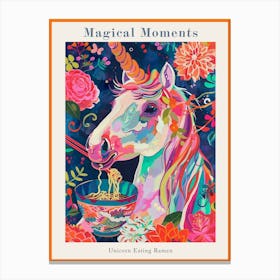 Unicorn Eating Ramen Floral Painting Poster Canvas Print