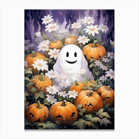 Cute Bedsheet Ghost, Botanical Halloween Watercolour 84 Canvas Print