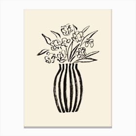 Stripes Flower Vase Floral Still Life Illustration - Black and White Canvas Print