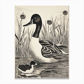 B&W Bird Linocut Canvasback 2 Canvas Print