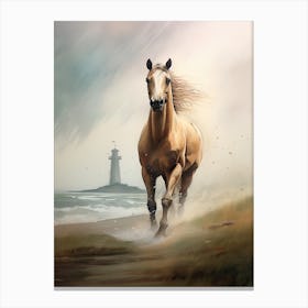 Horse Painting Running On The Beach With A Lighthouse Canvas Print