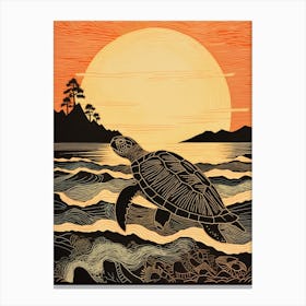Linocut Illustration Style Of Sea Turtle And Sunset Black & Orange Canvas Print