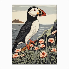 Vintage Bird Linocut Puffin 2 Canvas Print