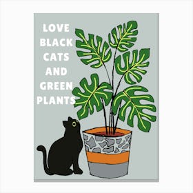 Black Cat and green Plant Canvas Print