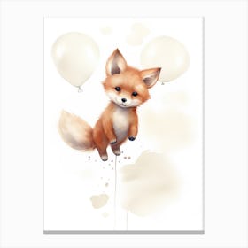 Baby Fox Flying With Ballons, Watercolour Nursery Art 4 Canvas Print