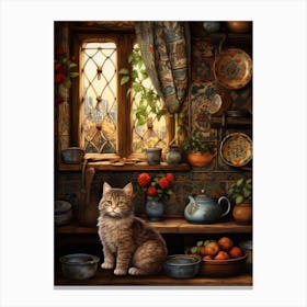 Cat In A Medieval Cottage With Fruit & Flowers Canvas Print