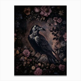 Dark Cottagecore Raven Vintage Dark Aesthetic Art Print for Witchy Gothic Wall | Dark Academia | Dark Florals in HD Canvas Print