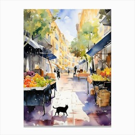 Food Market With Cats In Malaga 1 Watercolour Canvas Print