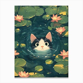 Cute Cat Swimming Among Water Lilies 8 Canvas Print