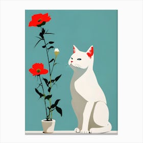 Cat With Red Flowers Canvas Print