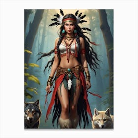 Indian Woman With Wolves 1 Canvas Print