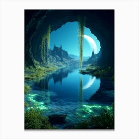 Cave With Water And Moon Canvas Print