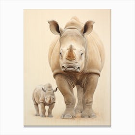Rhino & Baby Rhino Sepia Illustration 3 Canvas Print