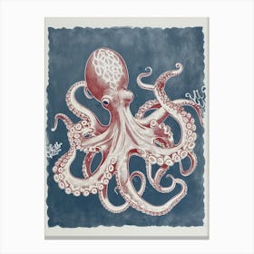 Octopus In Ocean Blue Linocut Background 3 Canvas Print