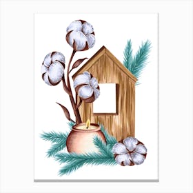 Wooden House with Cotton, Candle and Teal Pine Branches Canvas Print
