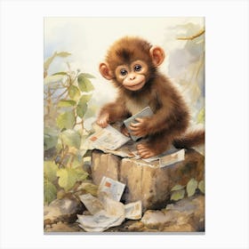 Monkey Painting Collecting Stamps Watercolour 1 Canvas Print
