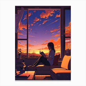 Anime Girl Reading At Sunset 4 Canvas Print